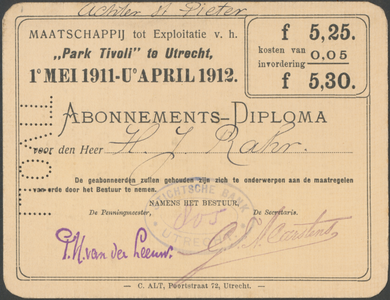 712309 Abonnements-diploma voor het seizoen 1911/12 van de Maatschappij tot Exploitatie van het “Park Tivoli”, ...